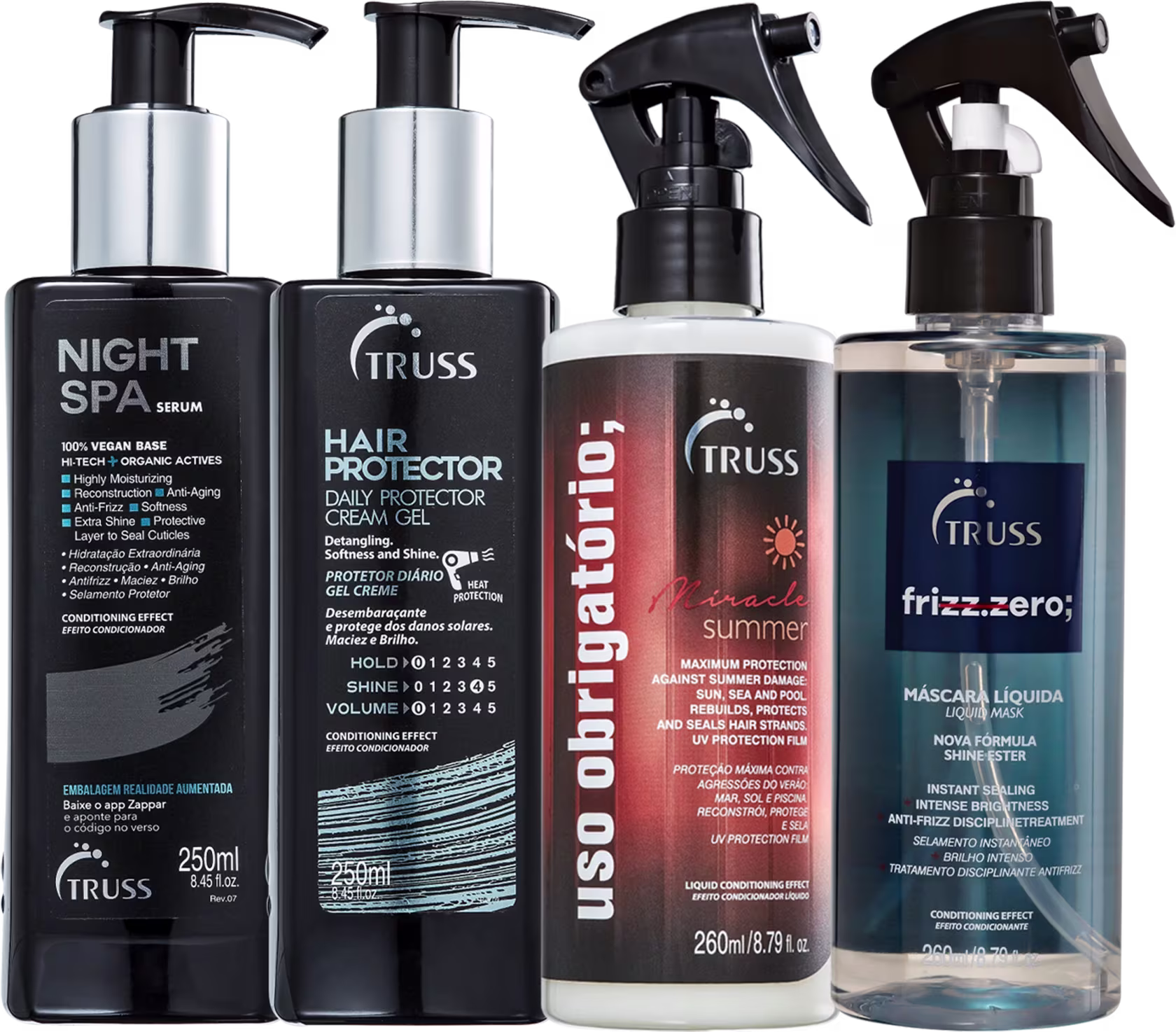 A imagem mostra uma variedade de produtos de cuidados com os cabelos da marca TRUSS: Night Spa, Hair Protector, Uso Obrigatório Miracle Summer e Frizz Zero.