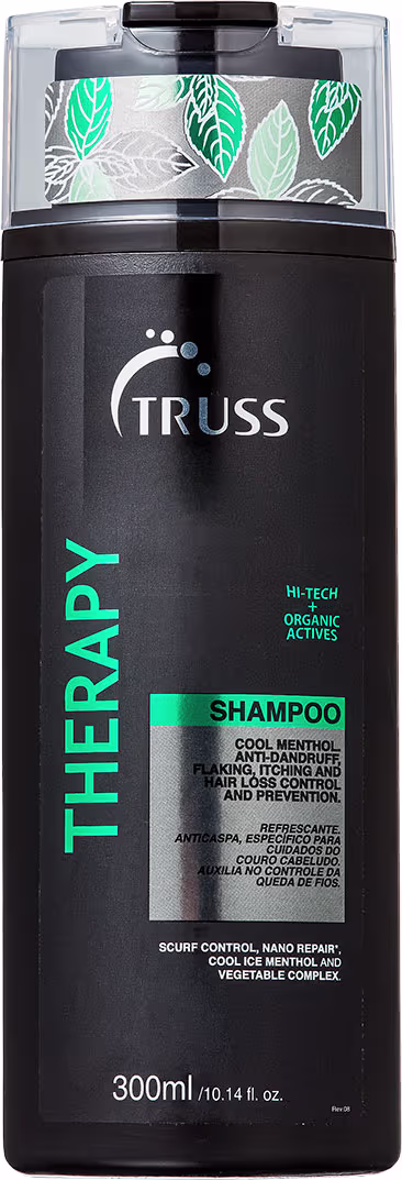 Shampoo Therapy da marca TRUSS em embalagem de 300ml. O rótulo destaca que é um shampoo orgânico de alta tecnologia para controle da caspa.