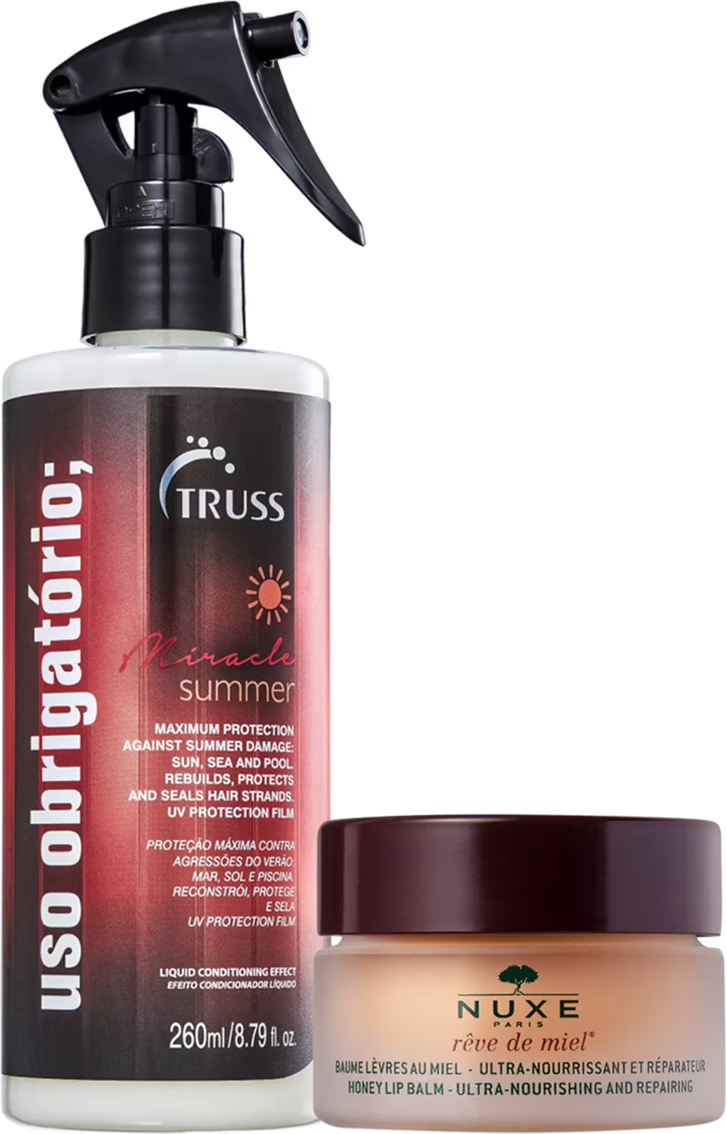 A imagem mostra dois produtos de cuidados com os cabelos e pele. Um é um spray para o cabelo da marca Truss, o frasco tem 260ml, oferece proteção contra danos do sol, mar e piscina. O outro é um bálsamo labial ultra nutritivo e reparador da marca Nuxe.