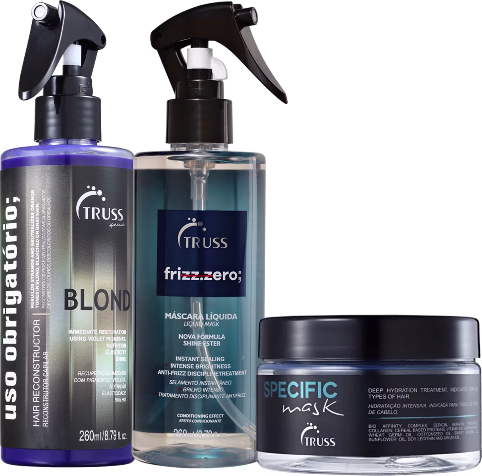 A imagem mostra um frasco do Uso Obrigatório Blond, um do Frizz Zero e um pote redondo da Máscara Capilar Specific Mask, todos da marca TRUSS.