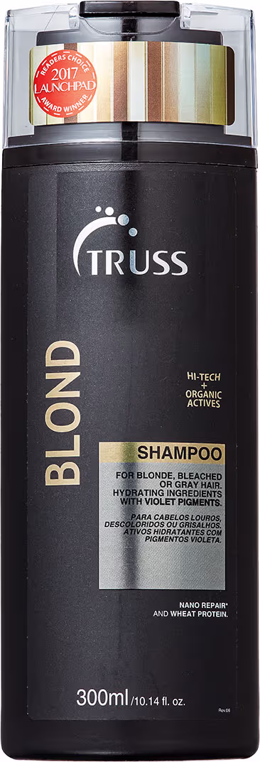Shampoo para cabelos loiros, descoloridos ou grisalhos da marca TRUSS. Embalagem preta de plástico em formato cilíndrico com tampa transparente.