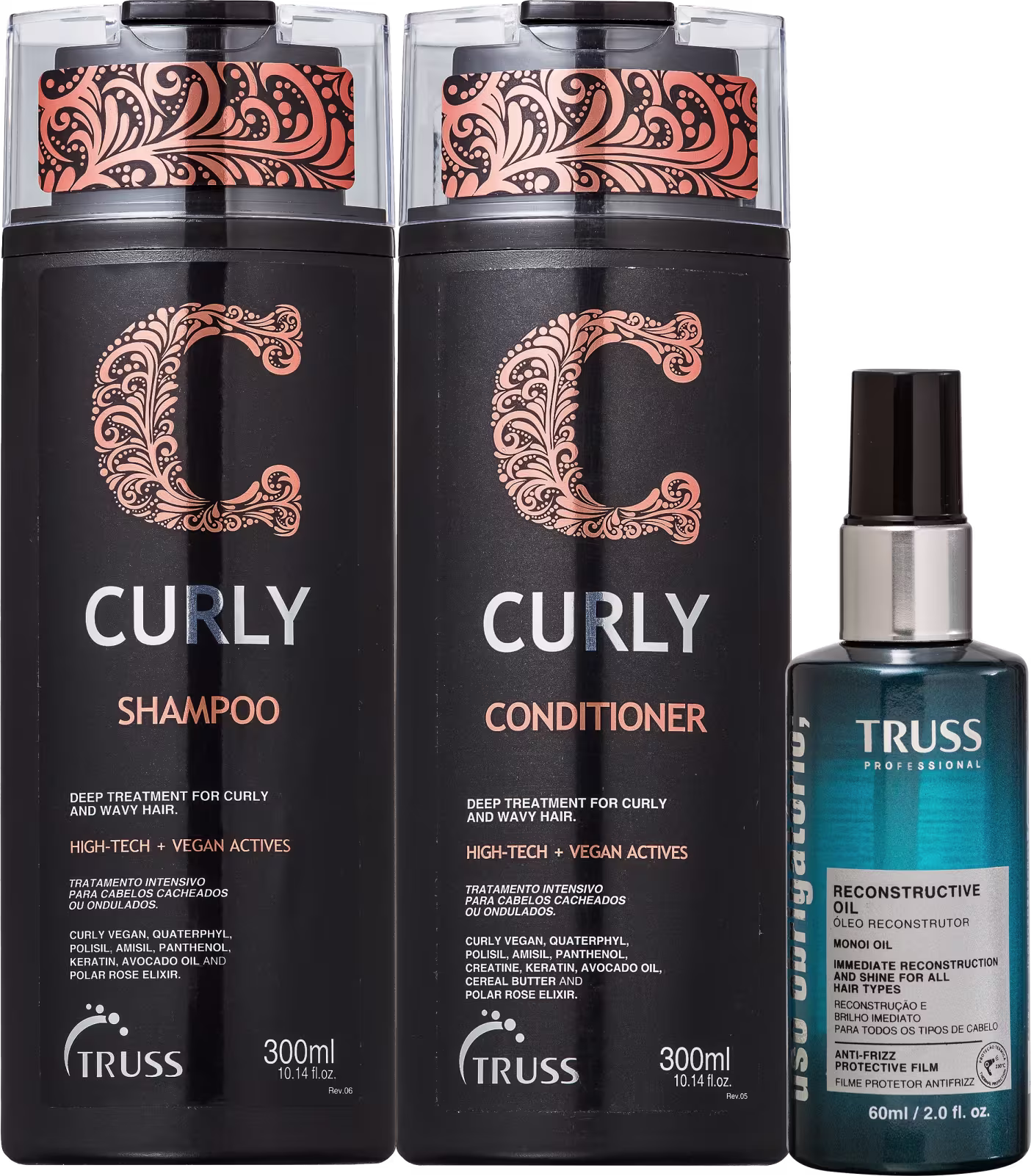 Kit TRUSS Curly + Uso Obrigatório Oil Trio, 3 produtos.