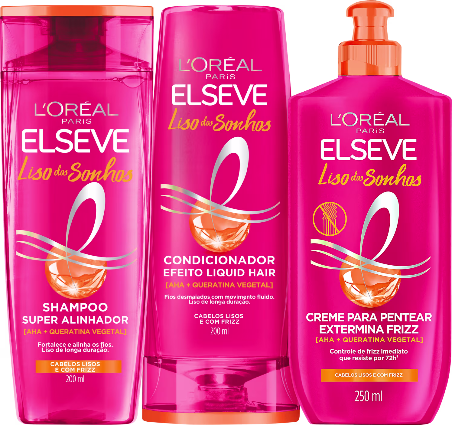 Kit com shampoo, condicionador e creme de pentear Liso dos Sonhos, da marca Elseve.