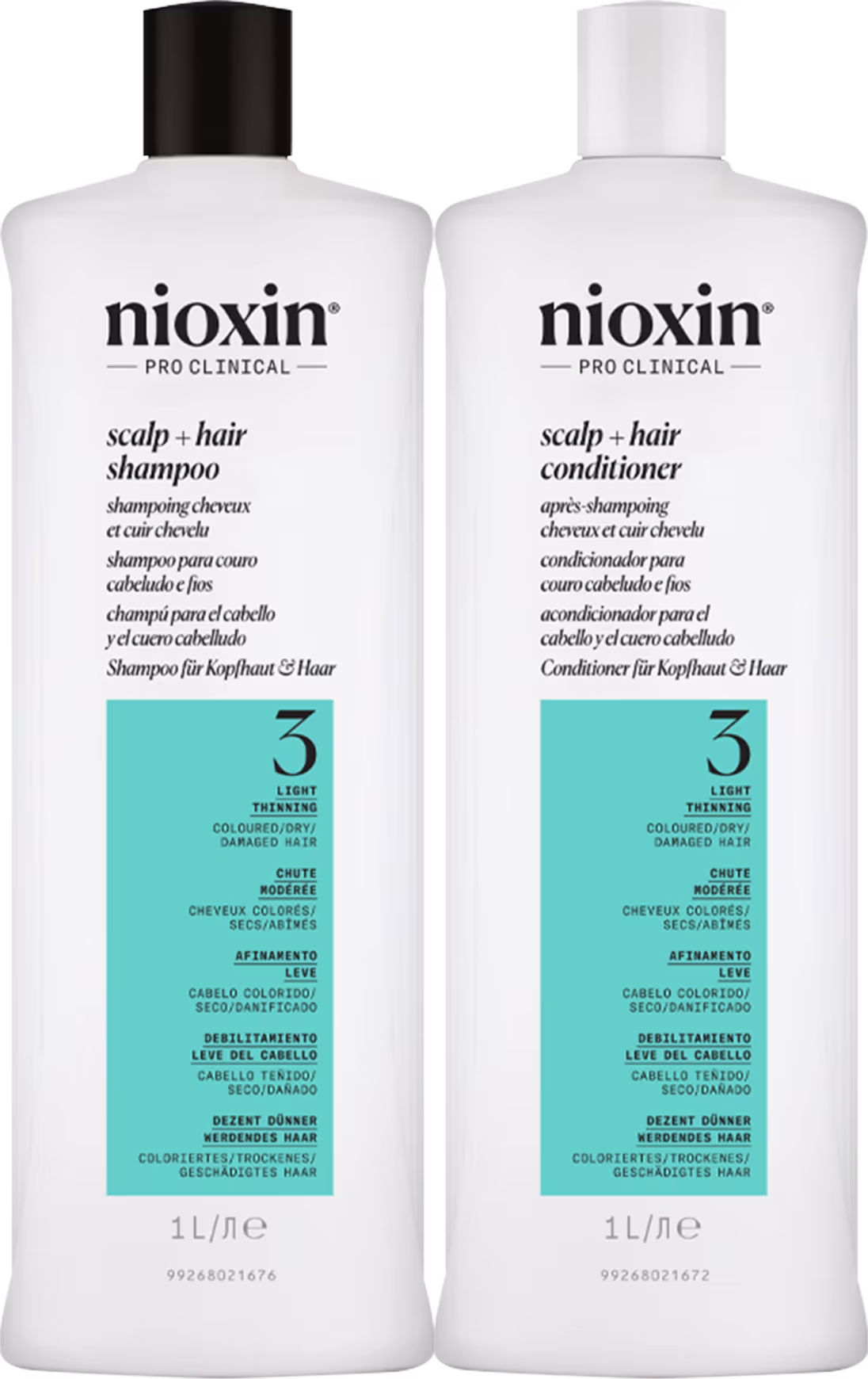 Kit com shampoo e condicionador Volume Thinning Sistema 3, da marca Nioxin.