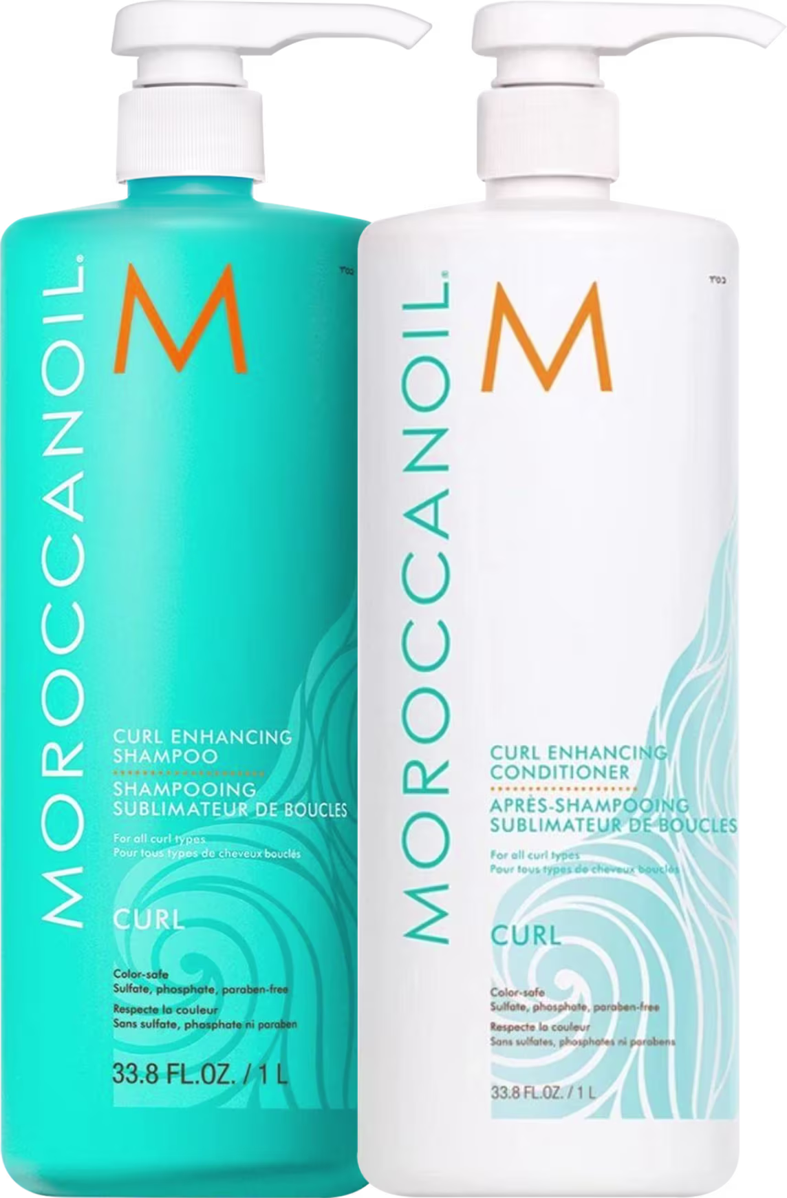 Dois frascos de produtos Moroccanoil: um frasco de shampoo para cachos em cor azul-turquesa e um frasco de condicionador para cachos em cor branca, ambos com bombas doseadoras.