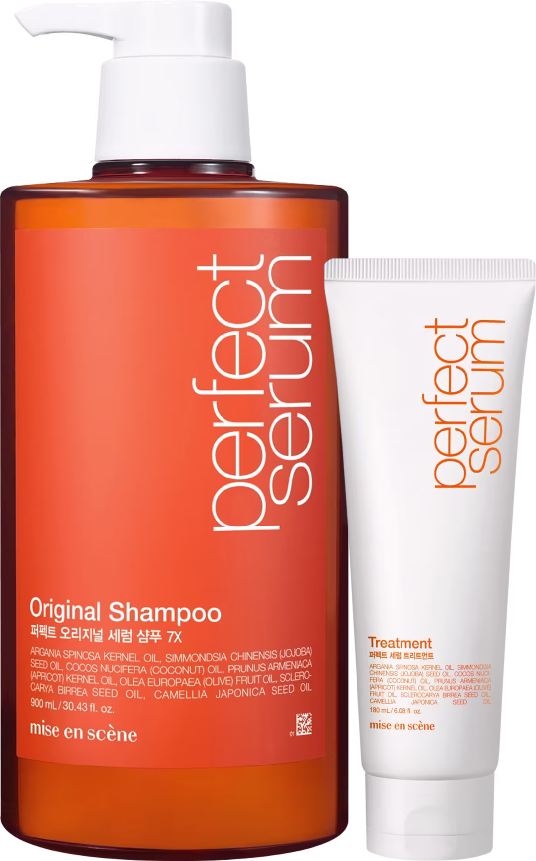 O produto de beleza Mise en Scène consiste em um frasco de shampoo laranja e máscara capilar, da linha Perfect Serum.