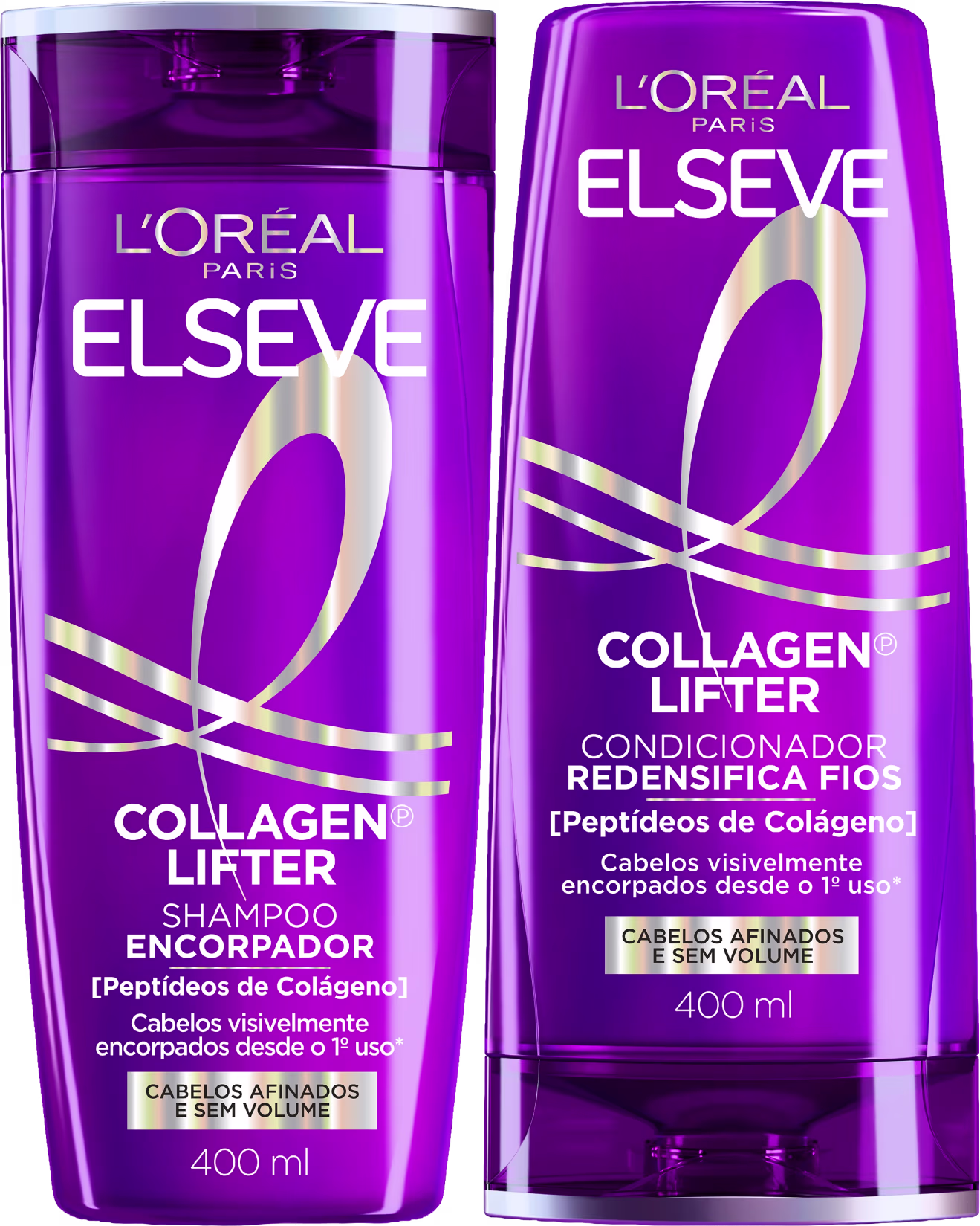Dois frascos de shampoo e condicionador da linha Elseve Collagen Lifter da L'Oréal Paris, com embalagens roxas e detalhes em dourado, indicando o tratamento de colágeno para cabelos afinados e sem volume.
