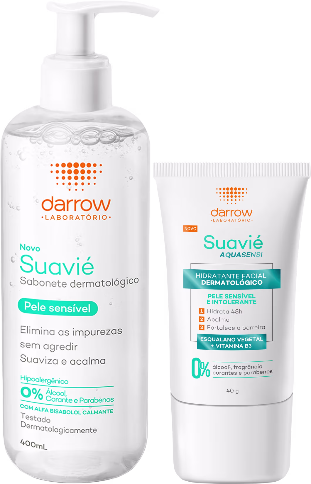 Produtos de beleza da marca Darrow: sabonete dermatológico Suavie para pele sensível em frasco branco com bomba e hidratante facial Suavie Aquasensi em tubo branco, ambos com detalhes em laranja.