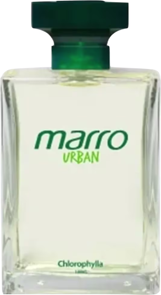 Frasco de perfume Marro Urban da marca Chlorophylla, com tampa verde e rótulo branco com o nome da marca em verde. O frasco é de vidro transparente, com formato retangular.