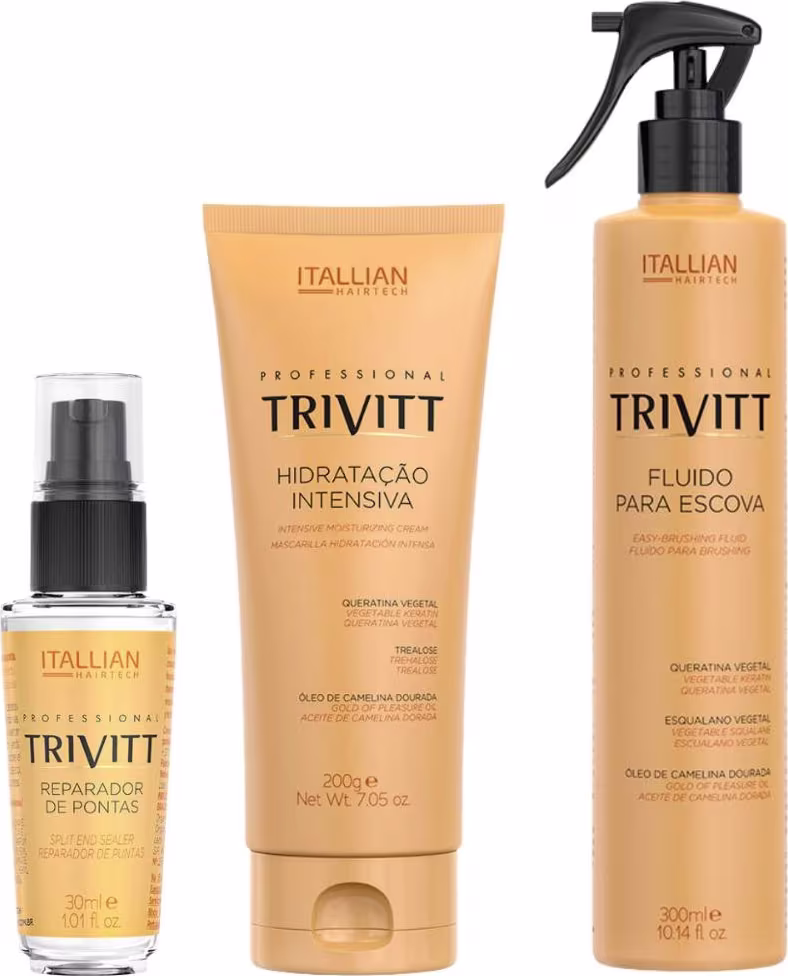 Um reparador de pontas de 30ml, uma máscara capilar de 200g e um protetor térmico de 300ml.