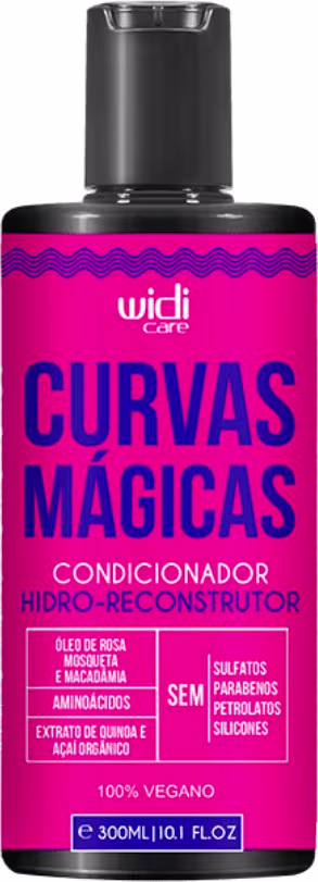 Frasco de condicionador hidro-reconstrutor da marca Widi Care, na cor rosa vibrante, com rótulo destacando "Curvas Mágicas" e informações sobre os ingredientes e benefícios do produto.