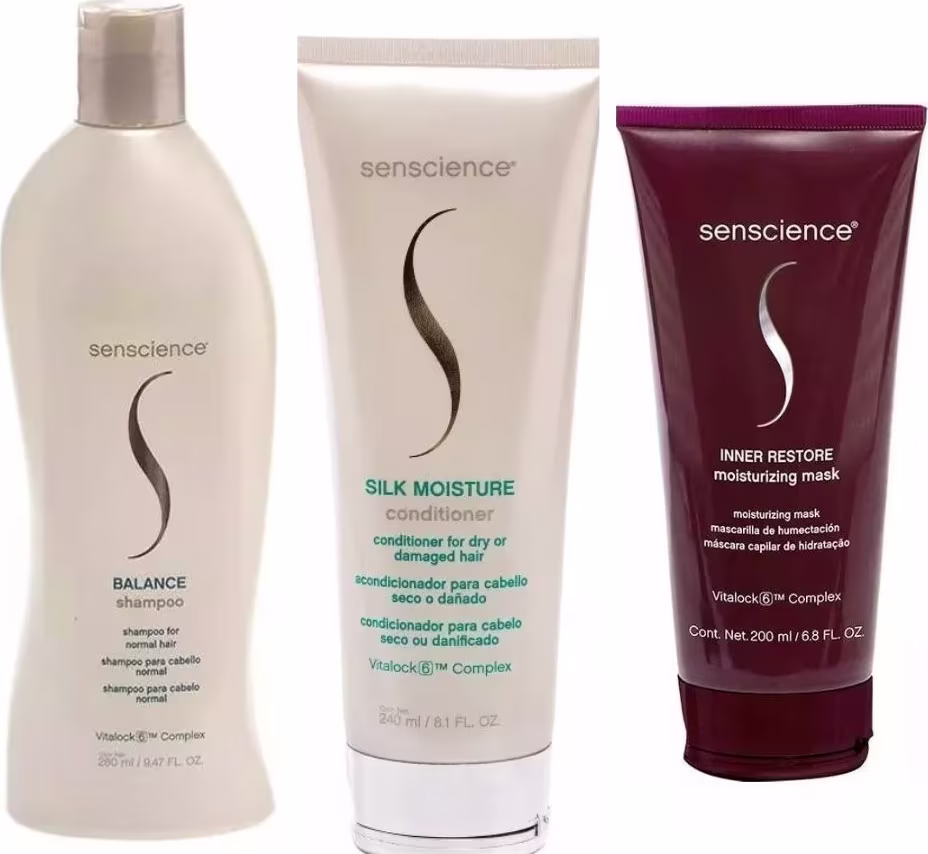 Um frasco de shampoo "Balance" para cabelos normais.
Um tubo de condicionador "Silk Moisture" para cabelos secos ou danificados. Um tubo de máscara hidratante "Inner Restore" para cabelos.