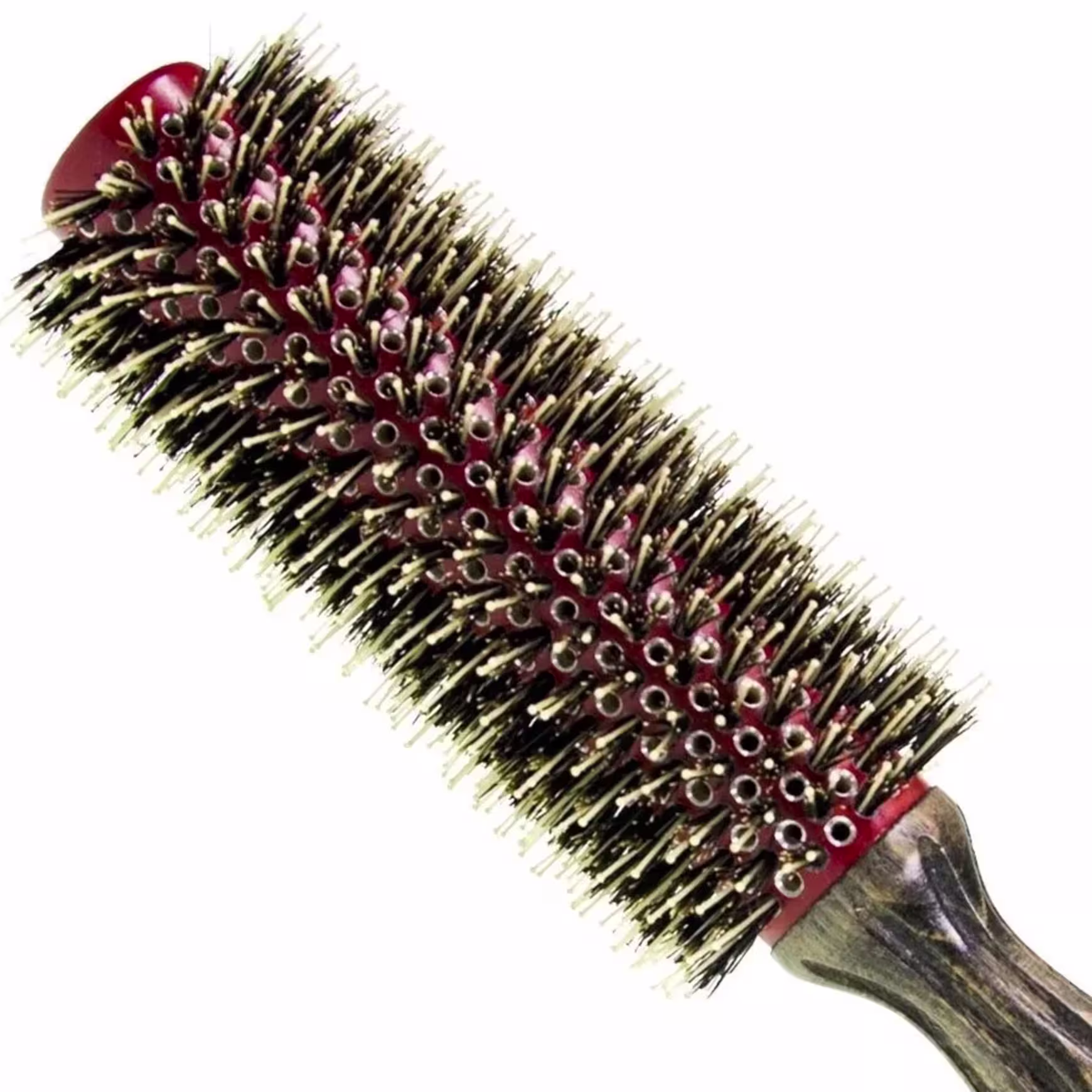 Escova de cabelo com cerdas vermelhas e douradas, com design eriçado e formato cilíndrico. O cabo é de material metálico escuro.