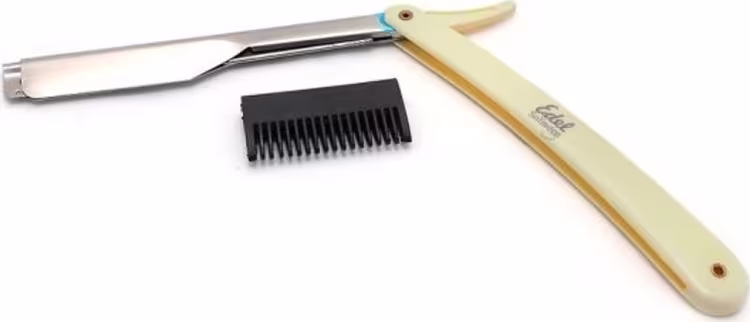 Conjunto de ferramentas de barbear Solingen, composto por uma navalha de lâmina de aço inoxidável e um pente de plástico preto. O cabo da navalha é de cor clara, possivelmente de madeira ou material similar.