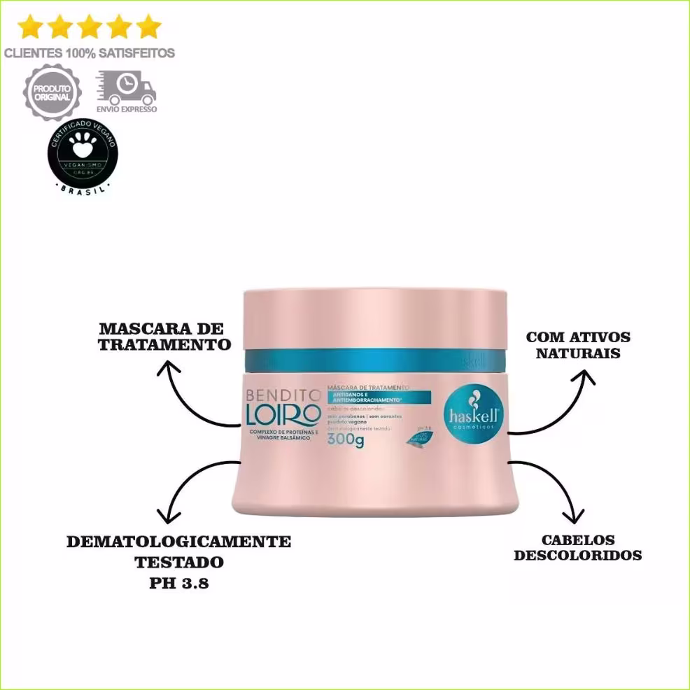 A imagem mostra a máscara bendito loiro e textos ao redor falando os benefícios.