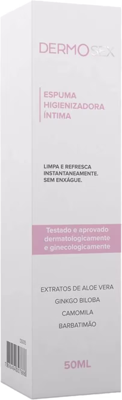 A imagem mostra a caixa da espuma higienizadora íntima da marca Dermosex. A embalagem é uma caixa branca com detalhes em rosa, contendo informações sobre o produto, como sua função de limpeza e refrescância instantânea, sem enxágue.