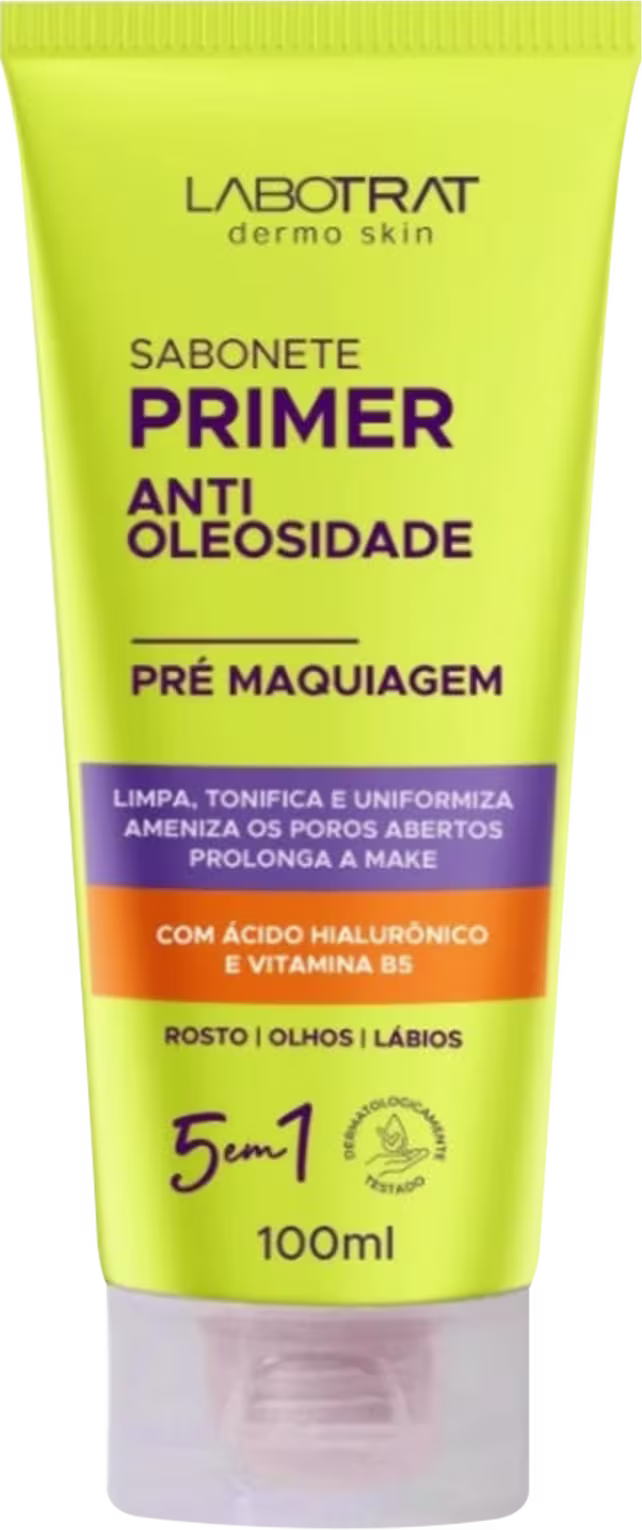 O produto apresentado é um sabonete primer anti oleosidade da marca Labotrat, com embalagem em tubo plástico de cor amarelo-limão. O tamanho do produto é de 100ml.