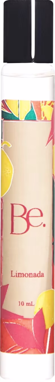 Frasco de colônia Be. com rótulo colorido apresentando o nome "Limonada" em vermelho. O recipiente possui formato retangular com tampa preta e contém 10 mL do produto.