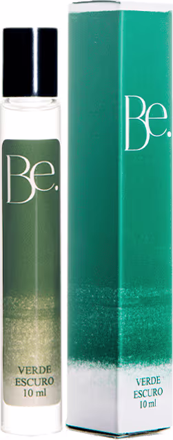 Frasco de perfume da marca Be. com 10 ml de volume, embalado em caixa verde escuro, com texto "Verde Escuro" impresso.