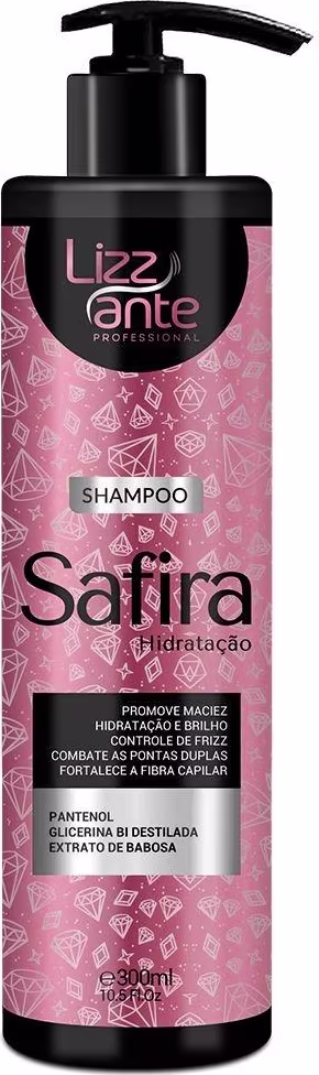 Shampoo da linha Satira Hidratação da marca Lizz ante Professional. O rótulo do produto possui um design com padrões geométricos em tons de rosa, destacando o nome "Satira Hidratação" e a marca "Lizz ante Professional". O frasco contém 300ml de produto.