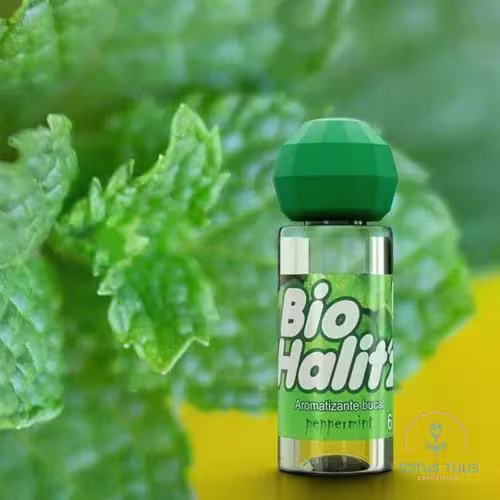 Produto de aromatização bucal. Frasco cilíndrico transparente com líquido verde claro. Tampa plástica verde escura hexagonal. Rótulo branco com o nome do produto "Bio Halitz" em letras verdes.