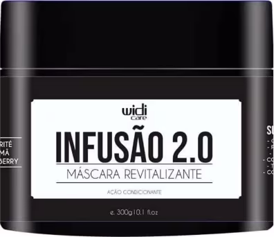 Máscara revitalizante Infusão 2.0. Embalagem preta com rótulo branco com o nome do produto e a descrição "Ácido Condicionante" em letras pretas. Peso líquido de 300g.