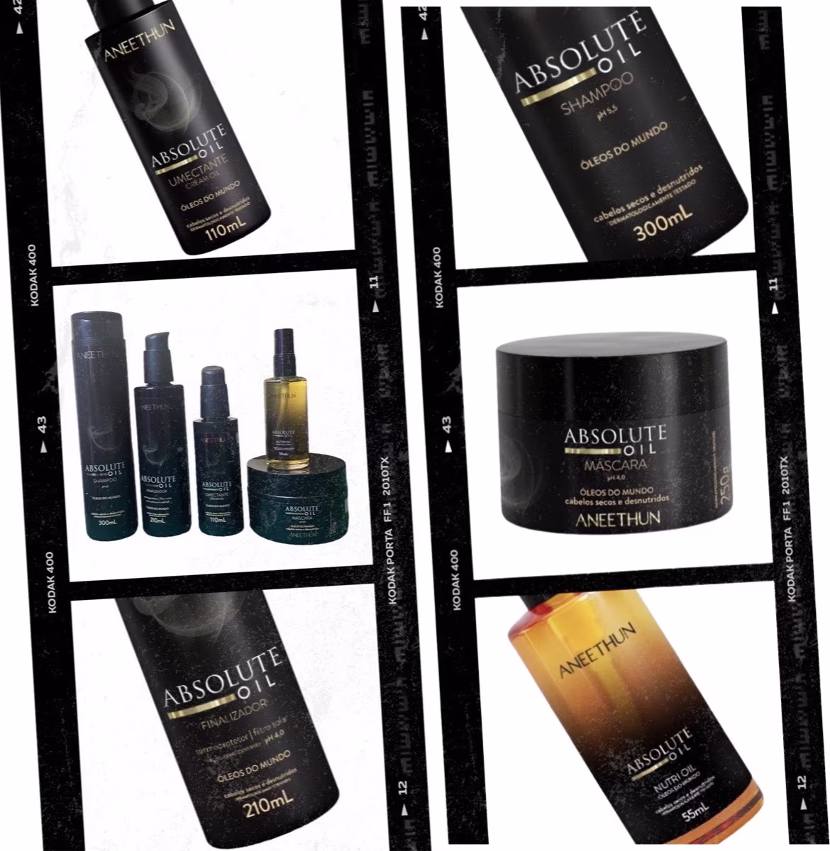 A imagem apresenta diversos produtos da marca Aneethun, incluindo um shampoo, uma máscara, um óleo final e um frasco de óleo. Todos os produtos têm embalagens pretas com detalhes dourados, exibindo o nome da marca de forma proeminente.