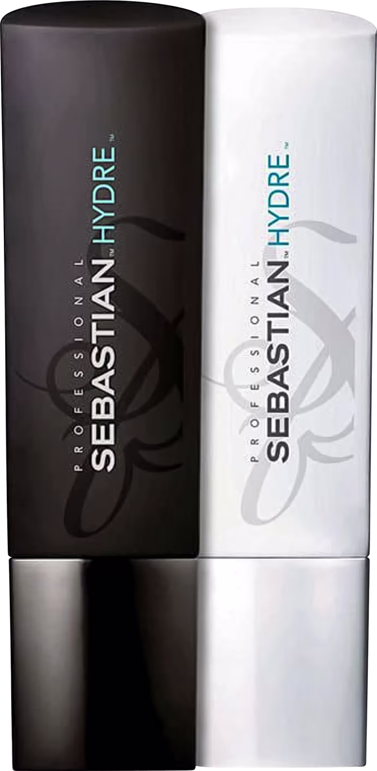 São dois frascos de produtos da marca Sebastian Professional. Um frasco é preto opaco com detalhes em azul. O outro frasco é branco com detalhes em azul na tampa.