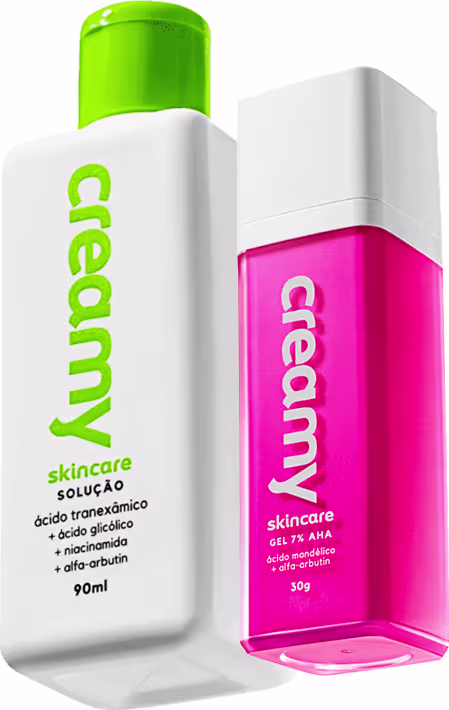 Dois frascos de produtos de cuidados com a pele da marca Creamy: Ácido Mandélico e Ácido Tranexâmico