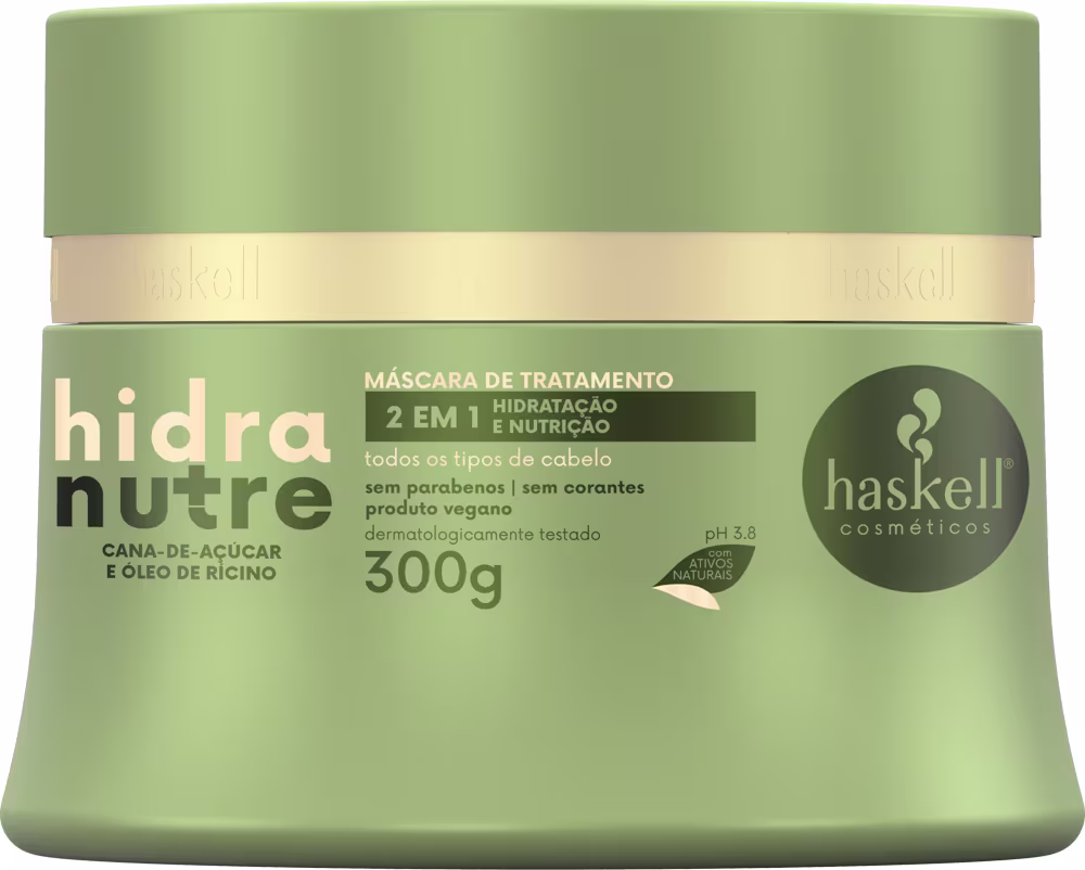 A imagem mostra o pote da Máscara Capilar Haskell Hidranutre. Seu frasco é um pote redondo e verde.