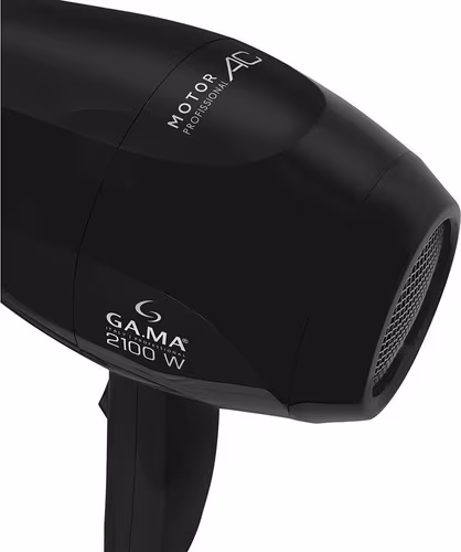 A imagem mostra o fundo do secador de cabelo profissional GA.MA Italy. Ele possui o corpo preto e ao fundo a grelha de saída de ar. Design elegante e minimalista.