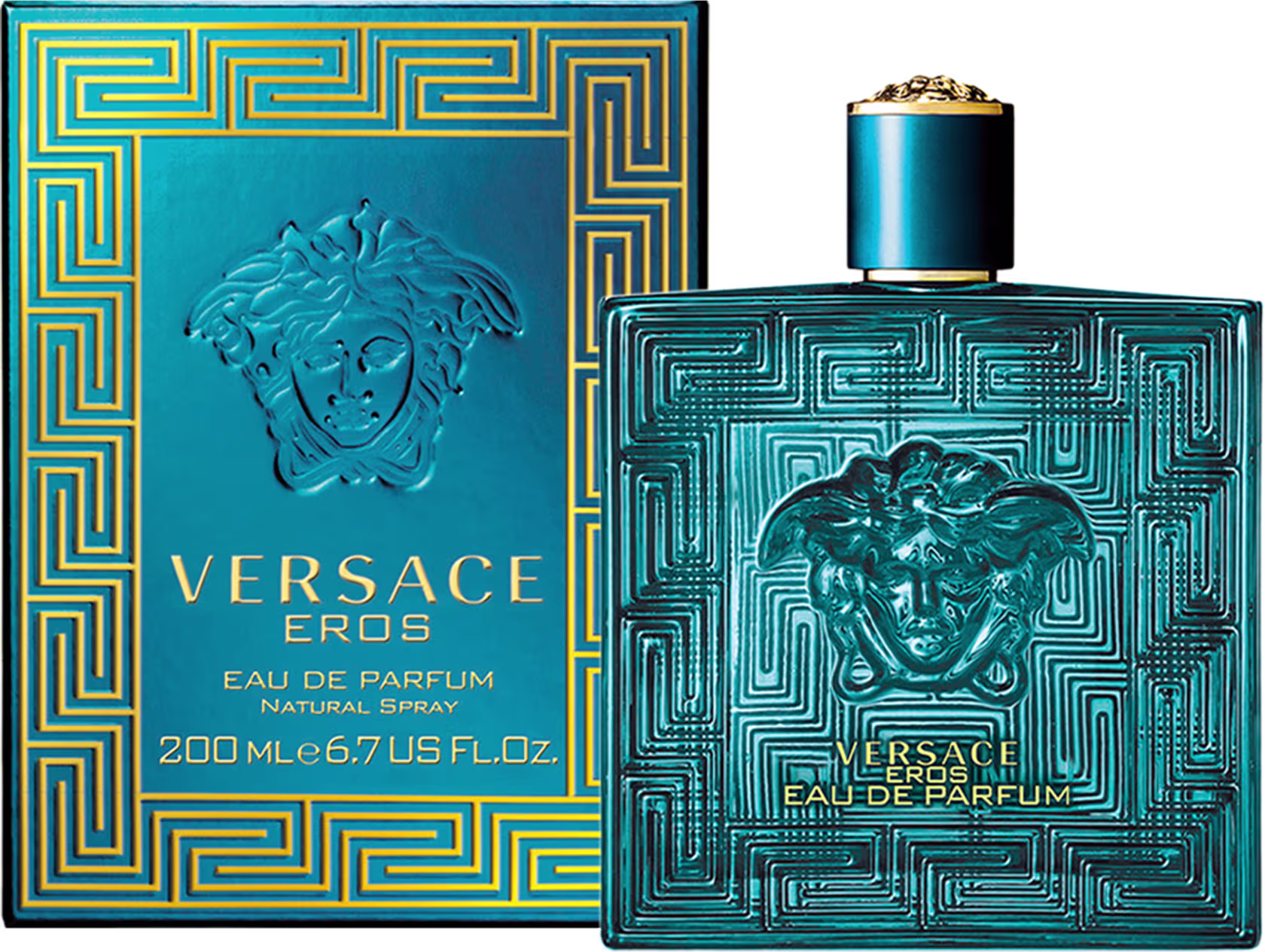 Frasco de perfume Versace Eros em embalagem azul e dourada com detalhes geométricos e logotipo da marca. Recipiente de vidro com tampa dourada em formato elaborado. Texto "Versace Eros Eau de Parfum Natural Spray" visível na caixa.