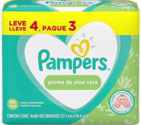 Caixa de lenços umedecidos Pampers com aroma de aloe vera, contendo 192 unidades em formato retangular com cores verde e amarela predominantes.