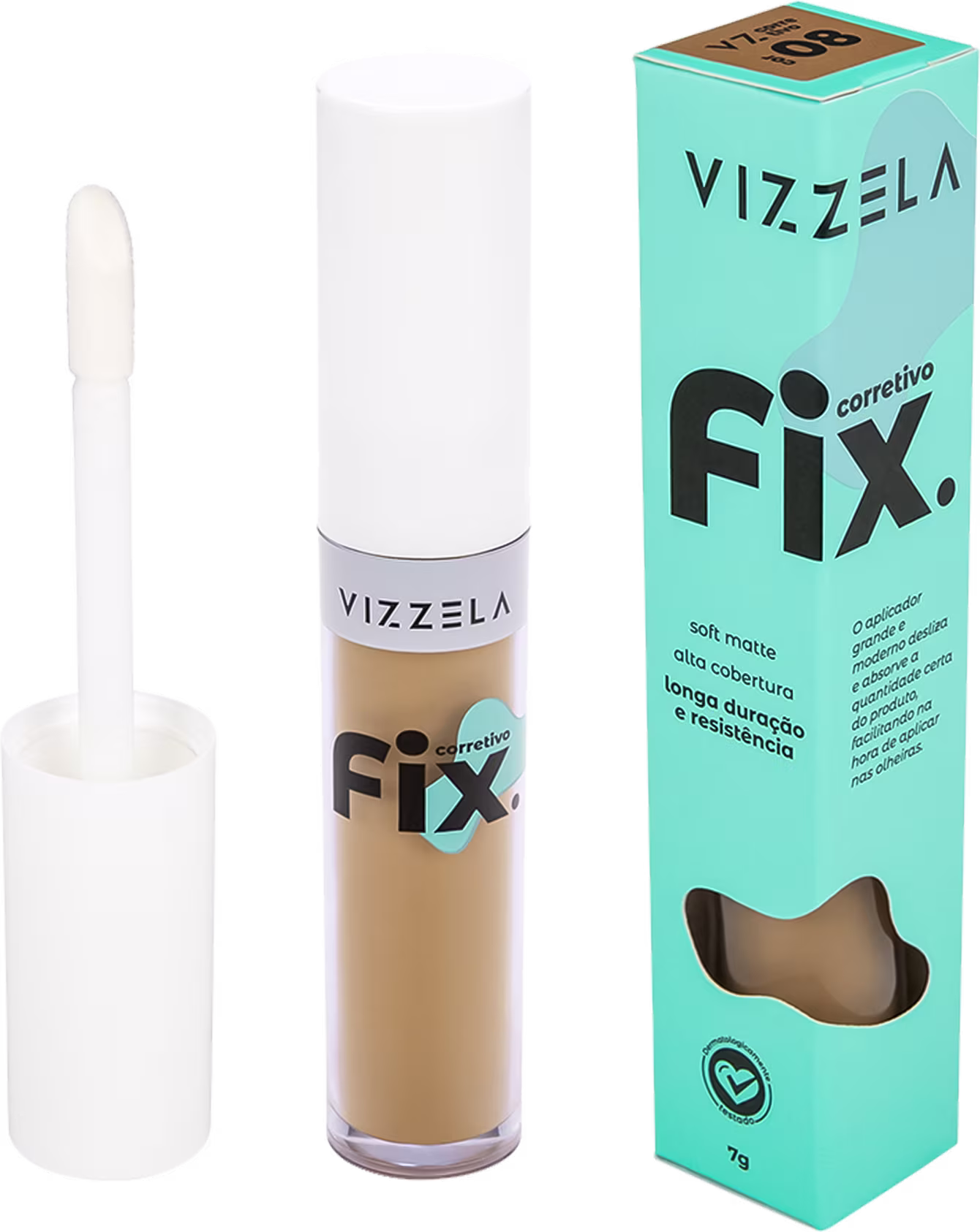 Produto de maquiagem corretivo da marca Vizzela, em embalagem de tubo branco e caixa verde-água com texto "Fix corretivo". O produto possui textura matte e promete longa duração e resistência.