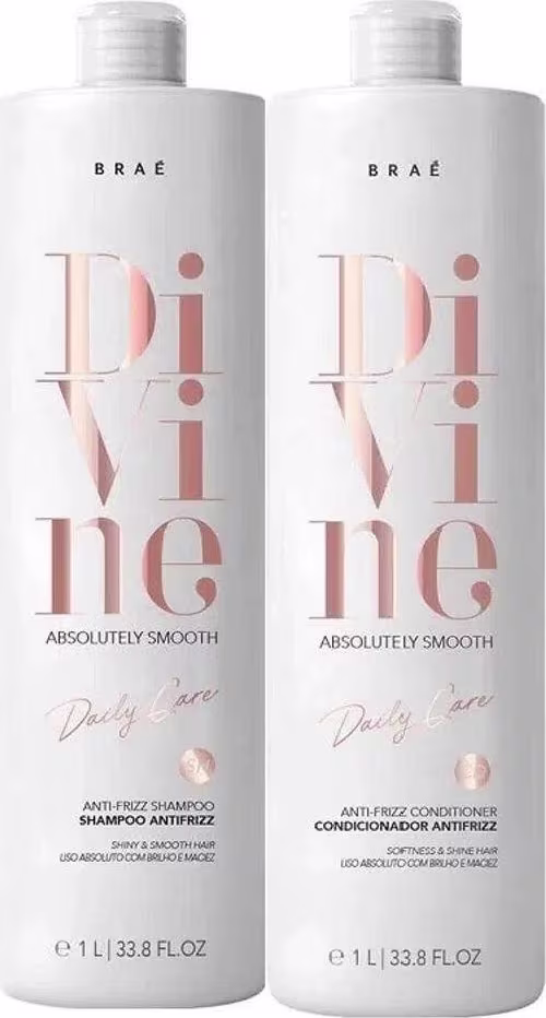 Produtos de tratamento capilar da linha Divine, da marca Braé. Na imagem, consta um shampoo e um condicionador com ação antifrizz. Ambos com 1 litro.