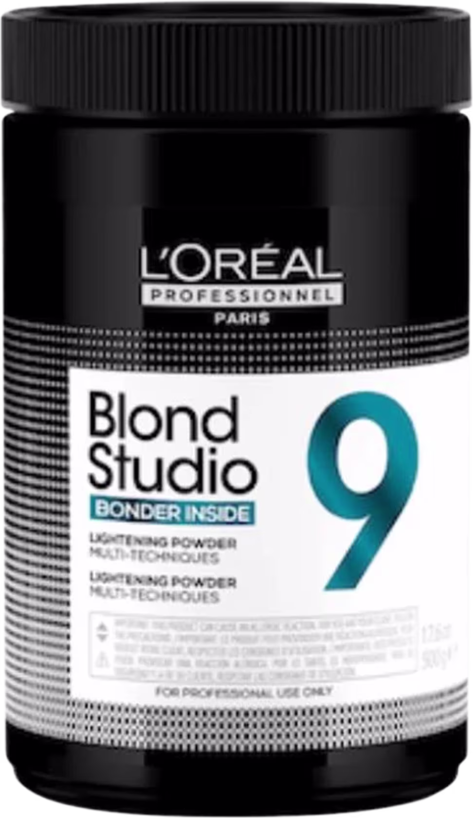 A imagem mostra um pote redondo alto e preto, com tampa da mesma cor e rótulo frontal com o número "9" em azul claro e texto em letras pretas em fundo branco.