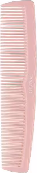 Pente de cabelo plástico rígido na cor rosa claro. O pente possui dentes largos e estreitos alternados de um lado e de outro.