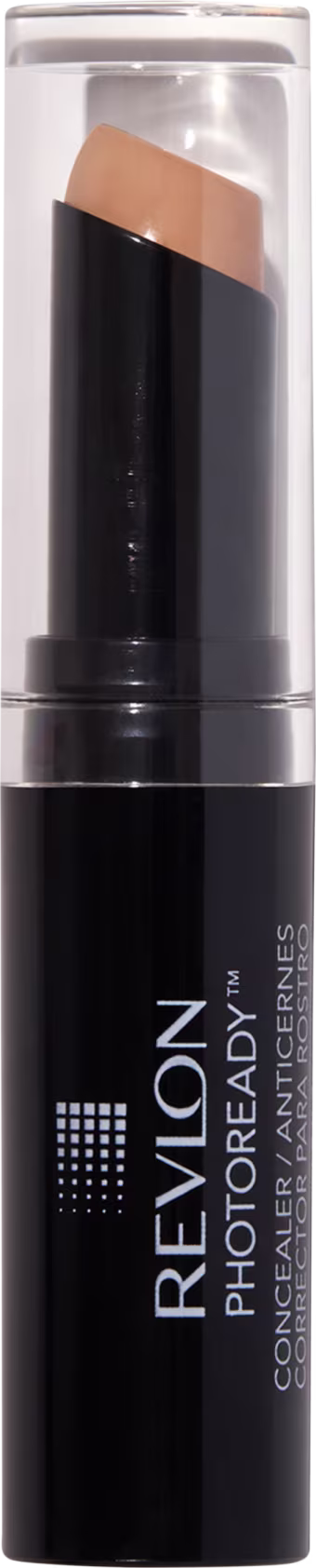 Bastão preto com tampa transparente e letras brancas.