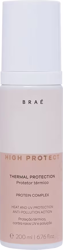 Produto de proteção térmica da marca Brae. Embalagem em frasco plástico cilíndrico branco opaco com tampa protetora.