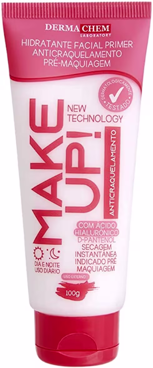 Primer facial hidratante da Dermachem, com tecnologia inovadora, contendo ácido hialurônico, em embalagem de tubo plástico vermelho com 100g.