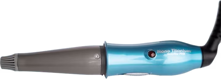 A imagem mostra o modelador de cachos em formato cônico, a parte superior é cinza e a inferior é azul metalizado.