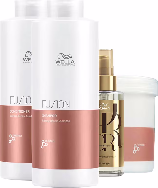 A imagem mostra três produtos de cuidados capilares da Wella Professionals. Um é o shampoo Shampoo de 1L, o outro é o condicionador de 1L, um óleo capilar e uma máscara de 500g em pote redondo.