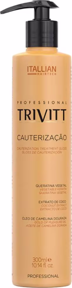 Tratamento capilar. Rótulo com o nome "Trivitt Cauterização", indicando ser um tratamento cauterizante para cabelos. Informações adicionais sobre os ingredientes, como queratina vegetal, extrato de coco e óleo de camelina.