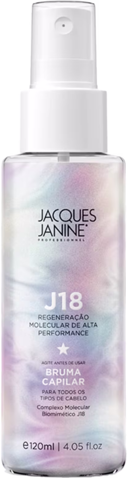 Frasco branco com pulverizador da linha J18 da marca Jacques Janine Professionnel, contendo "Regeneração Molecular de Alta Performance" - uma bruma capilar para todos os tipos de cabelo.