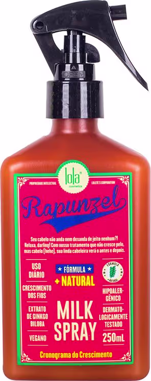 A imagem mostra o leave-in, seu frasco é retangular e possui uma tampa preta de válvula spray.