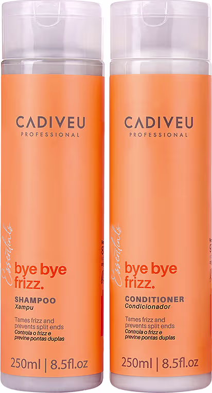 São dois frascos de plástico na cor laranja de 250ml, shampoo e condicionador em formato cilíndrico.