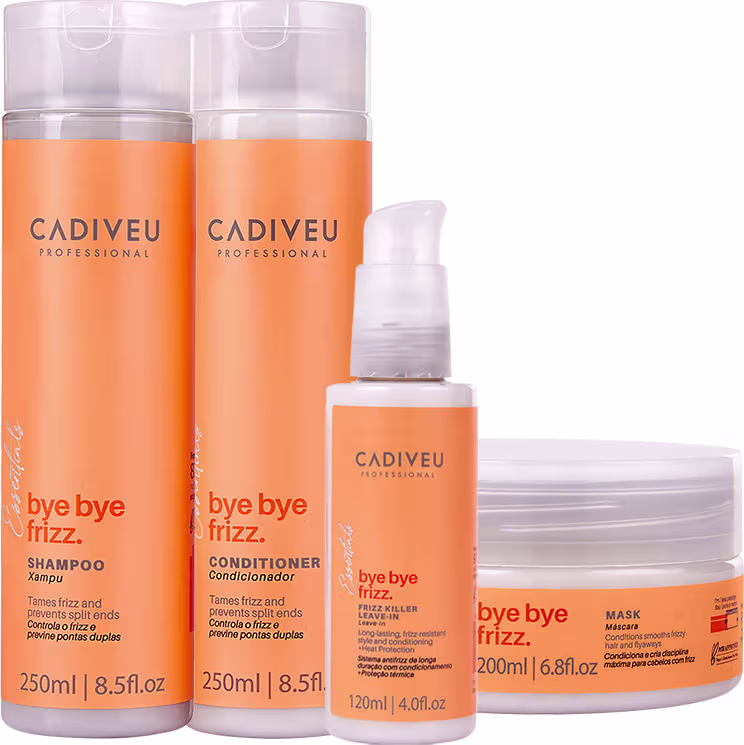 São quatro itens da linha "Bye Bye Frizz": dois frascos de shampoo e condicionador 250ml, um frasco de leave-in de 120ml e uma embalagem de máscara de 200ml. Todos os produtos têm embalagens plásticas transparentes com tampas brancas e rótulos laranjas.