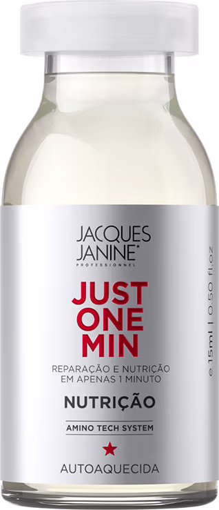 Frasco de vidro transparente com tampa branca contendo um líquido claro. Rótulo branco com texto "JACQUES JANINE" e "JUST ONE MIN" em vermelho, indicando um produto de nutrição capilar com ação rápida.