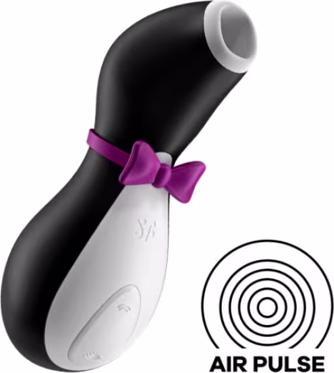 A imagem mostra um vibrador em formato de pinguim branco e preto, com uma gravata rosa no pescoço.