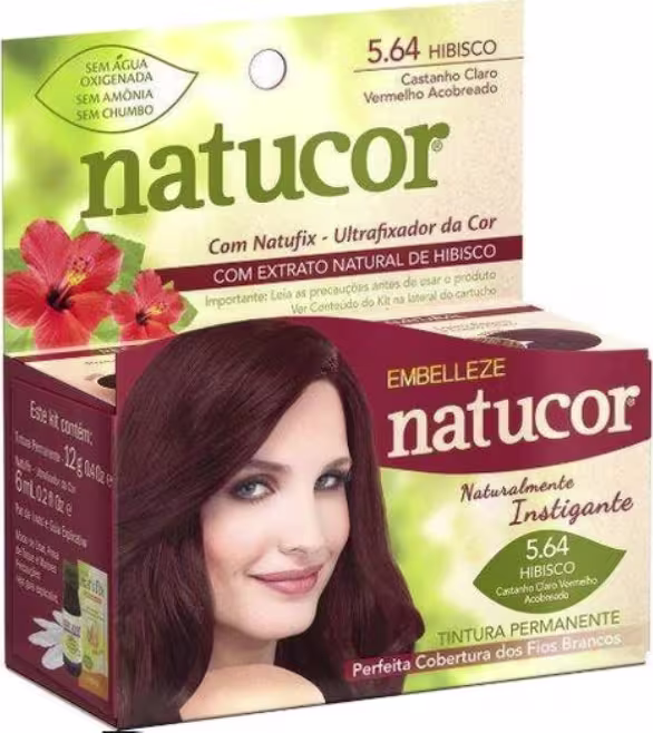 A imagem mostra a caixa da Tintura Embelleze Natucor 5.64 Castanho Claro Vermelho Acobreado. A embalagem traz a imagem de uma modelo com cabelos lisos avermelhados. Destaca-se que é uma tintura permanente livre de água oxigenada, chumbo e amônia.
